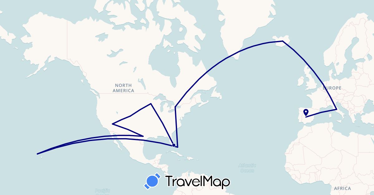 TravelMap itinerary: driving in Bahamas, Canada, Spain, Iceland, Italy, Netherlands, United States (Europe, North America)
